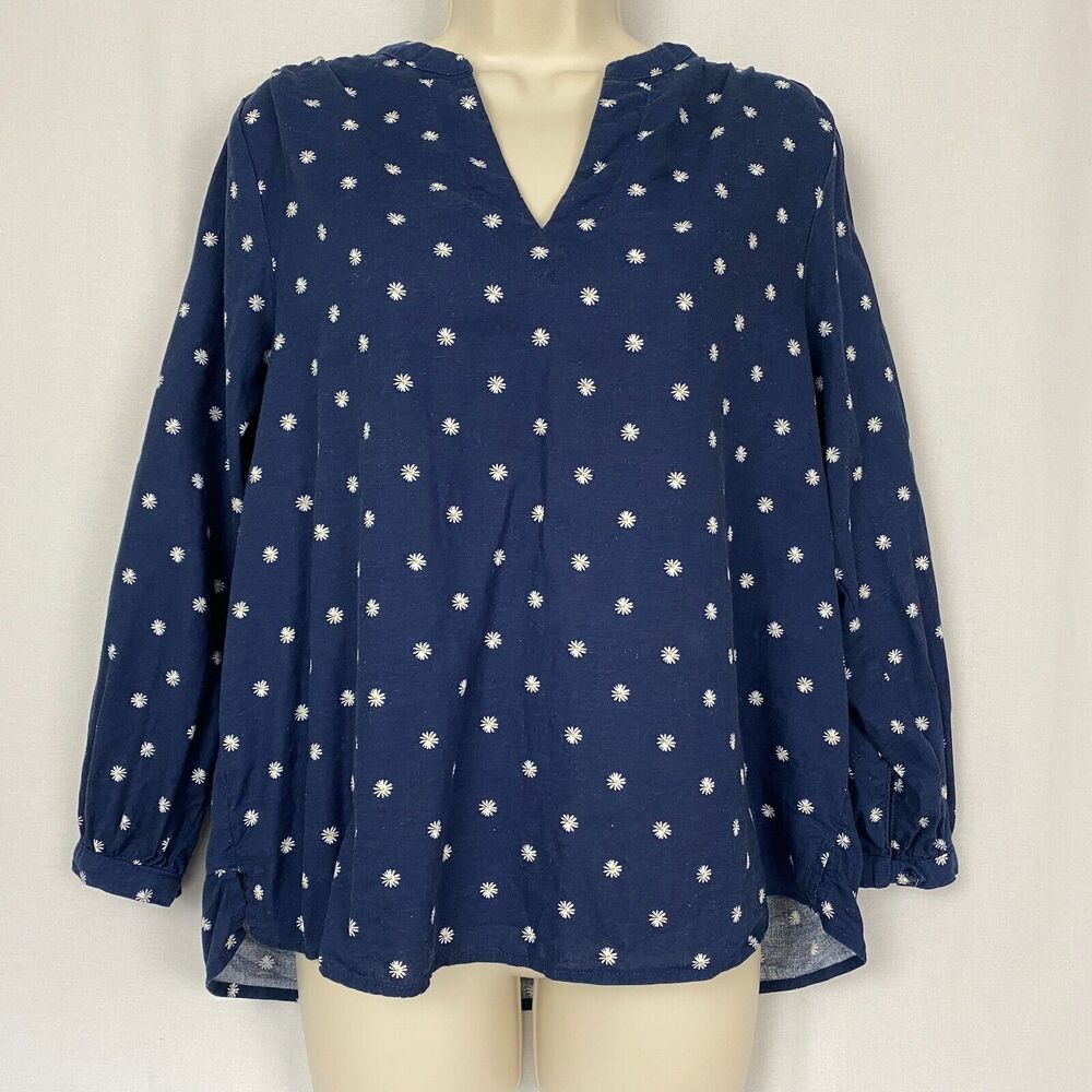 Old Navy Linen Blend Top Small Womens Navy Blue Daisy Floral Tunic V Neck Boho